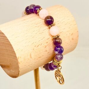 Handmade Amethyst & Rose Quartz Beaded Bracelet Celtic Tree Of Life Charm 8mm